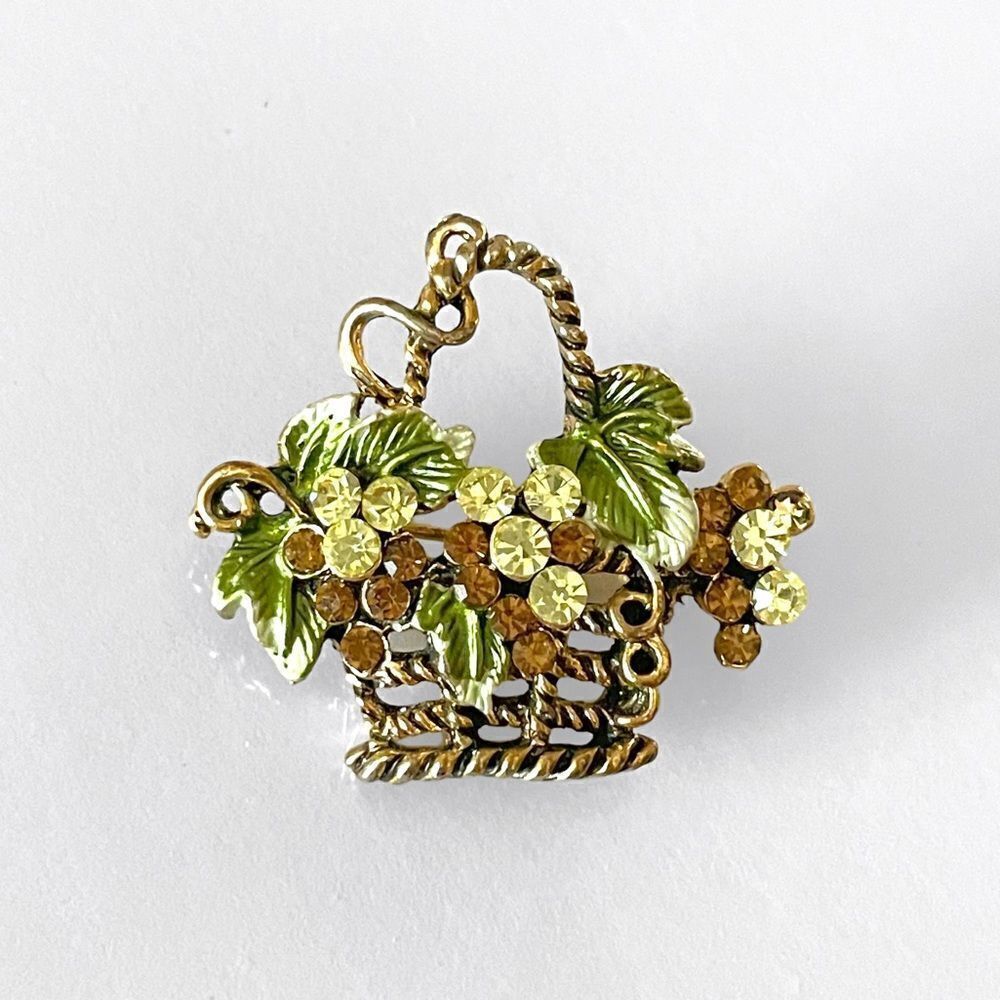 Vintage Floral Fruit Basket Rhinestone Brooch
